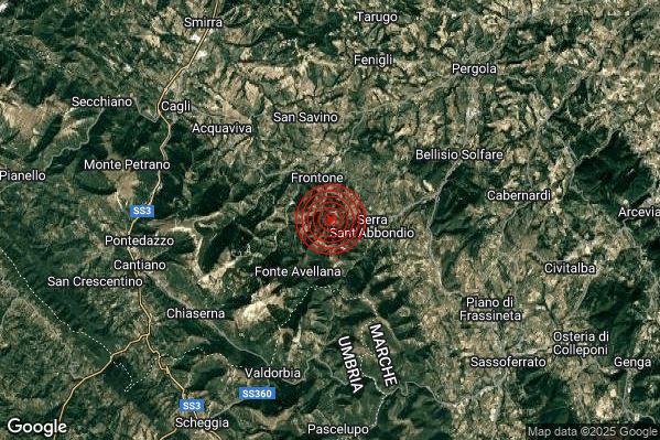 Debole Terremoto M2.7 epicentro 2 km W Serra Sant'Abbondio (PU) alle 11:13:20 (09:13:20 UTC)