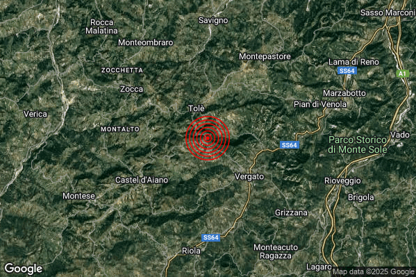 Terremoto 11:00:54 M2.1 epicentro “4 km NW Vergato (BO)” Terremoto 11:00:54 M2.1 epicentro “4 km NW Vergato (BO)”