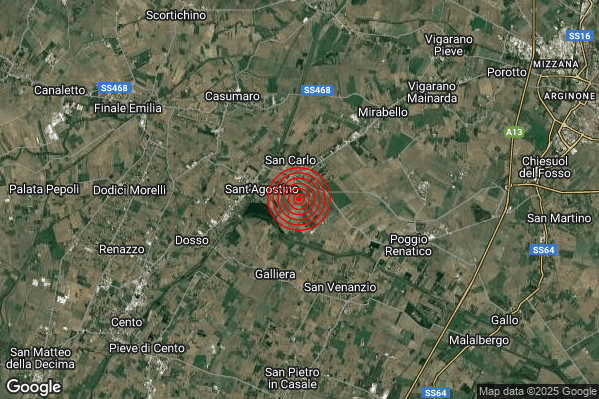 Lieve Terremoto M2.2 epicentro 2 km E Sant'Agostino (FE) alle 07:56:12 (05:56:12 UTC)