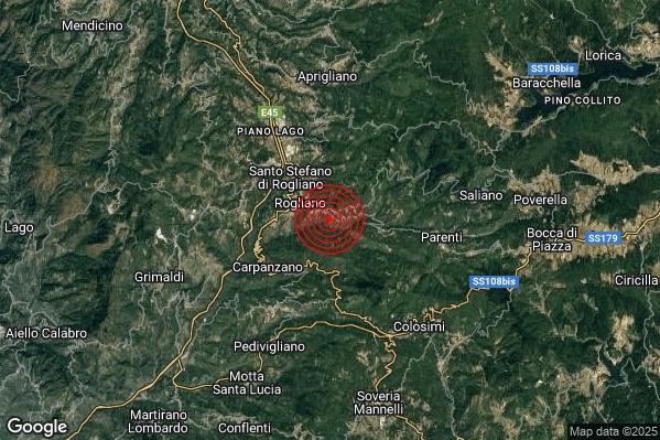 Terremoto 16:40:04 M2.1 epicentro “2 km SE Rogliano (CS)” Terremoto 16:40:04 M2.1 epicentro “2 km SE Rogliano (CS)”