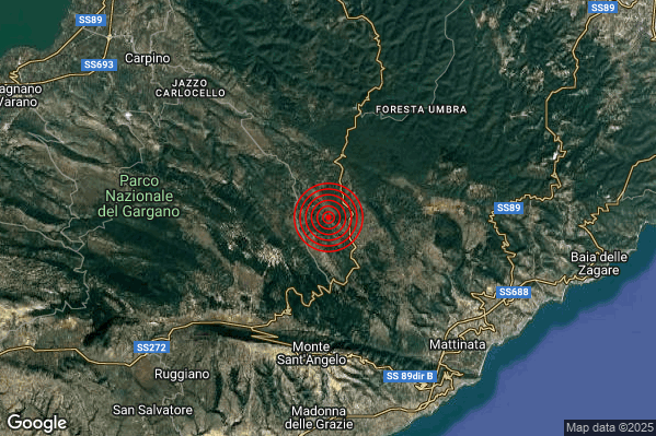 Debole Terremoto M2.4 epicentro 7 km N Monte Sant'Angelo (FG) alle 15:44:33 (13:44:33 UTC)