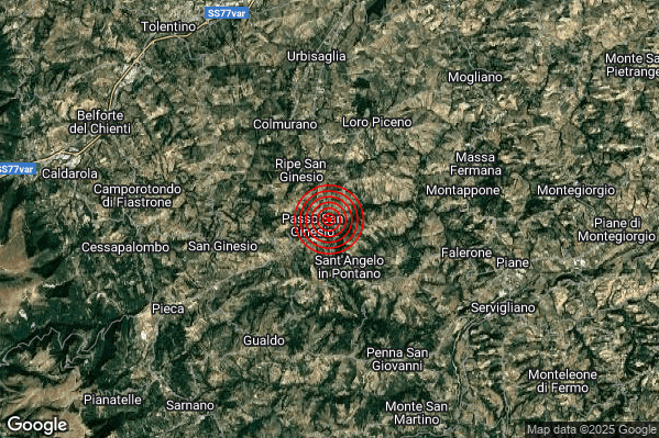 Lieve Terremoto M2.1 epicentro 2 km NW Sant'Angelo in Pontano (MC) alle 17:04:31 (15:04:31 UTC)