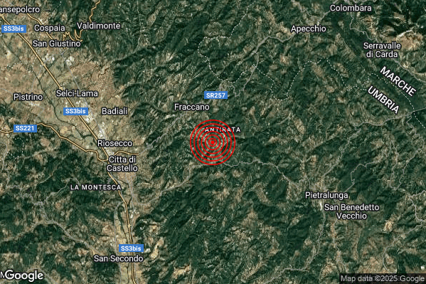 Terremoto 09:53:56 M2.1 epicentro “8 km E Citta di Castello (PG)” Terremoto 09:53:56 M2.1 epicentro “8 km E Citta di Castello (PG)”