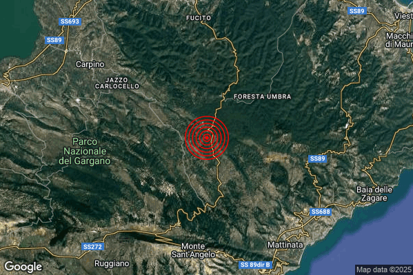 Lieve Terremoto M2.2 epicentro 9 km N Monte Sant'Angelo (FG) alle 19:44:24 (17:44:24 UTC)