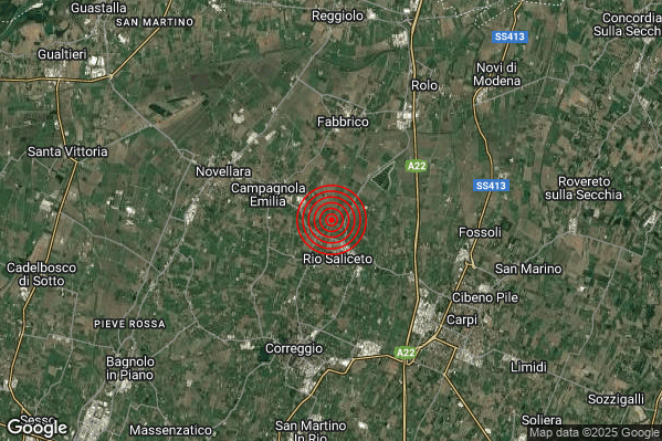 Terremoto 11:33:24 M2.3 epicentro “2 km N Rio Saliceto (RE)” Terremoto 11:33:24 M2.3 epicentro “2 km N Rio Saliceto (RE)”