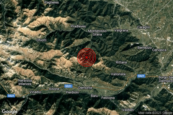 Debole Terremoto M2.3 epicentro 5 km SW Monterosso Grana (CN) alle 20:28:24 (18:28:24 UTC)