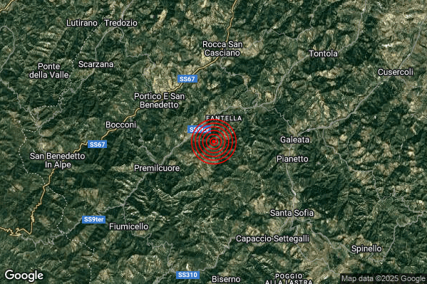 Terremoto 06:22:28 M2.4 epicentro “5 km E Premilcuore (FC)” Terremoto 06:22:28 M2.4 epicentro “5 km E Premilcuore (FC)”
