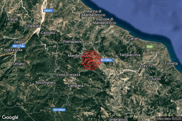 Terremoto 13:52:16 M2.2 epicentro “2 km SE Mandatoriccio (CS)” Terremoto 13:52:16 M2.2 epicentro “2 km SE Mandatoriccio (CS)”
