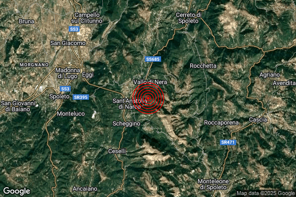 Debole Terremoto M2.3 epicentro 2 km E Sant'Anatolia di Narco (PG) alle 04:48:22 (02:48:22 UTC)
