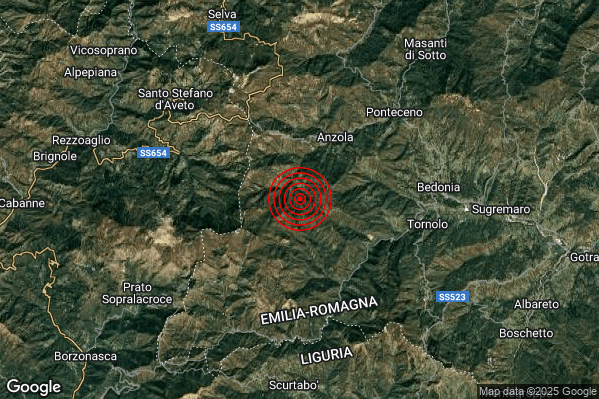 Terremoto 08:48:33 M2.4 epicentro “7 km W Tornolo (PR)”