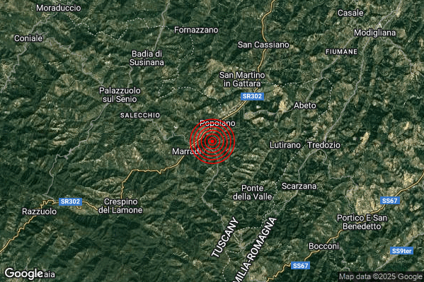 Terremoto 18:07:24 M2.4 epicentro “2 km E Marradi (FI)” Terremoto 18:07:24 M2.4 epicentro “2 km E Marradi (FI)”