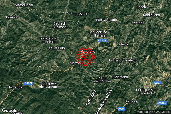 Terremoto 02:40:37 M2.2 epicentro “2 km NE Marradi (FI)” Terremoto 02:40:37 M2.2 epicentro “2 km NE Marradi (FI)”
