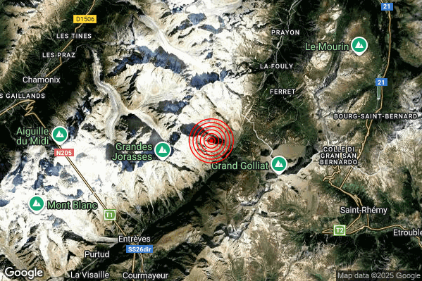 Terremoto 04:48:15 M2.1 epicentro “11 km NE Courmayeur (AO)” Terremoto 04:48:15 M2.1 epicentro “11 km NE Courmayeur (AO)”