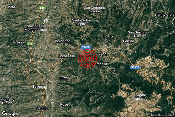 Terremoto 21:03:32 M2.6 epicentro “3 km W Acri (CS)”