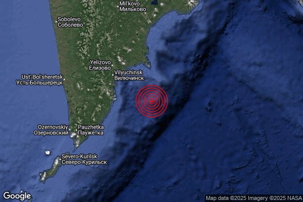 Violento Terremoto M6.1 epicentro Off east coast of Kamchatka Peninsula Russia [Sea: Russia] alle 04:45:12 (03:45:12 UTC)