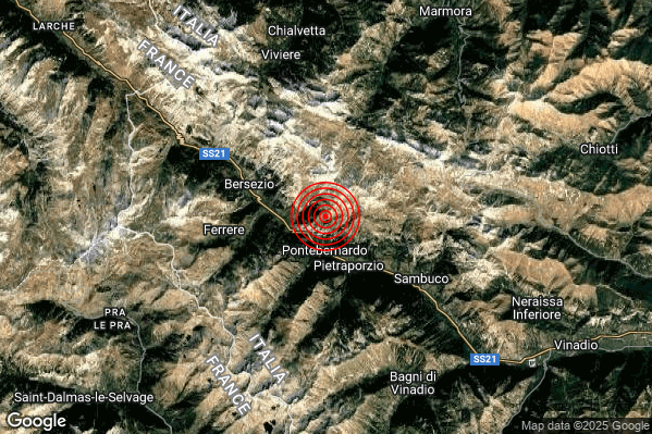Terremoto 15:02:24 M2.1 epicentro “3 km NW Pietraporzio (CN)”