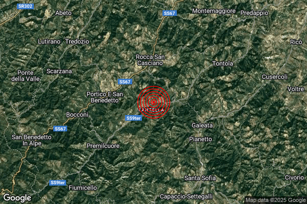 Terremoto 22:15:27 M2.2 epicentro “5 km S Rocca San Casciano (FC)”