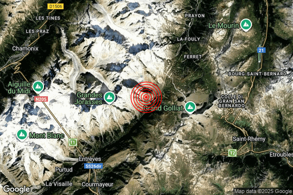 Terremoto 20:39:48 M2.2 epicentro “10 km NE Courmayeur (AO)”