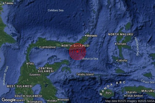 Severo Terremoto M5.5 epicentro Minahassa Peninsula Sulawesi Indonesia [Sea: Indonesia] alle 13:12:37 (12:12:37 UTC)