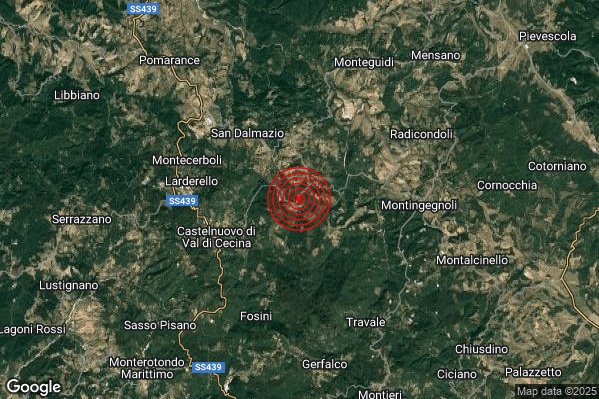 Terremoto 20:06:57 M2.7 epicentro “5 km E Castelnuovo di Val di Cecina (PI)”