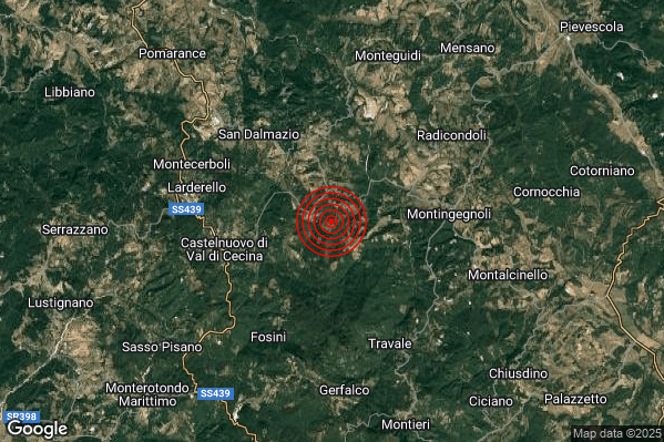 Terremoto 20:09:22 M2.7 epicentro “5 km E Castelnuovo di Val di Cecina (PI)”