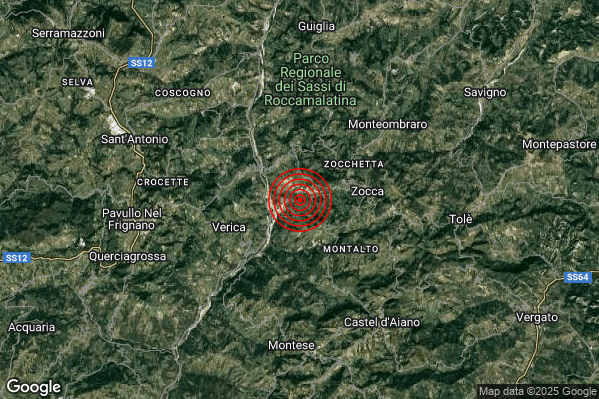 Terremoto 00:42:25 M2.3 epicentro “4 km W Zocca (MO)”