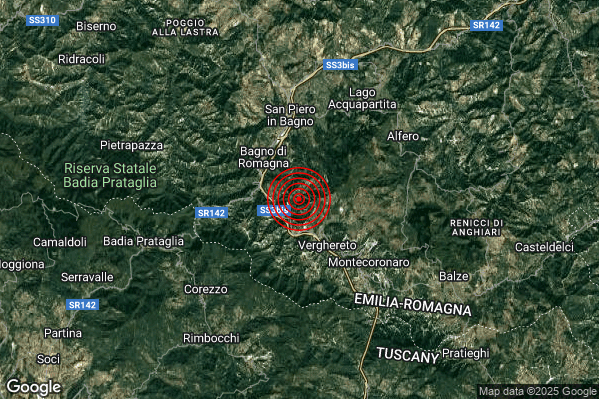 Terremoto 22:38:12 M2.4 epicentro “3 km NW Verghereto (FC)”