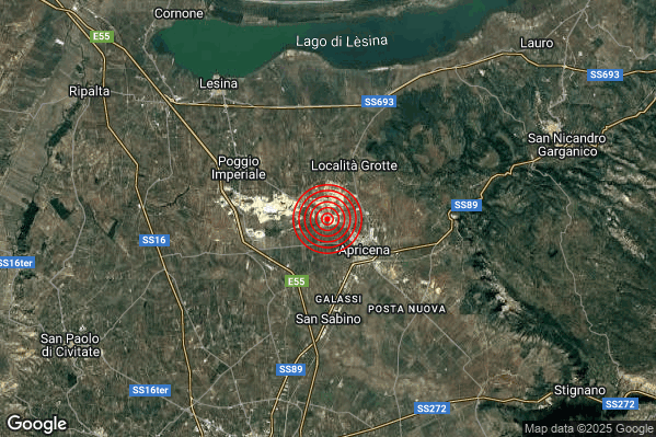 Terremoto 16:56:42 M2.3 epicentro “2 km NW Apricena (FG)” Terremoto 16:56:42 M2.3 epicentro “2 km NW Apricena (FG)”