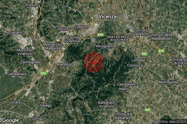 Terremoto 21:43:43 M2.1 epicentro “4 km SW Arcugnano (VI)”
