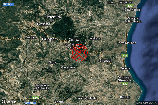 Debole Terremoto M2.3 epicentro 1 km SE San Nicola dell'Alto (KR) alle 18:53:43 (17:53:43 UTC)