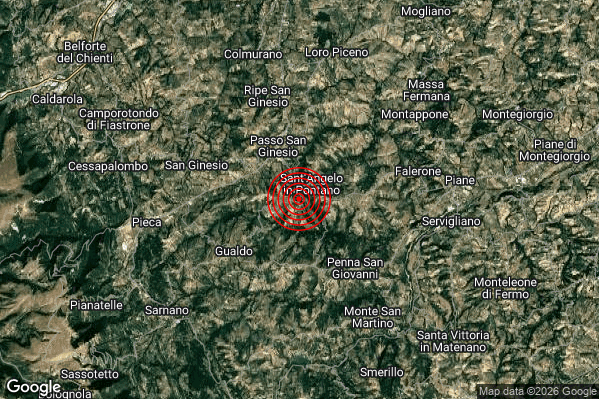 Lieve Terremoto M2.0 epicentro 1 km SW Sant'Angelo in Pontano (MC) alle 03:02:47 (02:02:47 UTC)