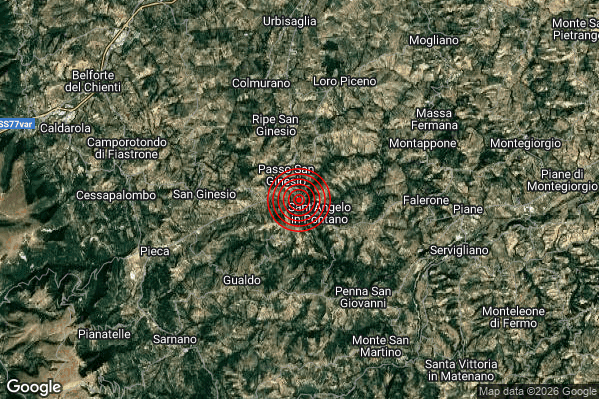 Debole Terremoto M2.3 epicentro 1 km NW Sant'Angelo in Pontano (MC) alle 03:07:03 (02:07:03 UTC)