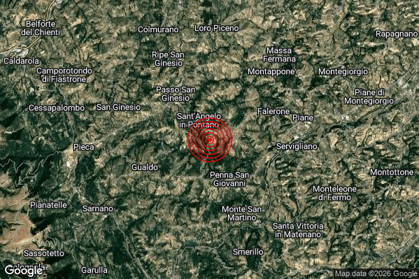 Debole Terremoto M2.5 epicentro 2 km SE Sant'Angelo in Pontano (MC) alle 03:07:32 (02:07:32 UTC)