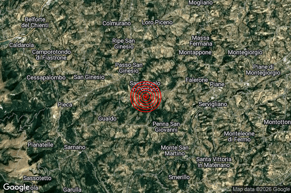 Debole Terremoto M2.7 epicentro 1 km S Sant'Angelo in Pontano (MC) alle 03:22:02 (02:22:02 UTC)