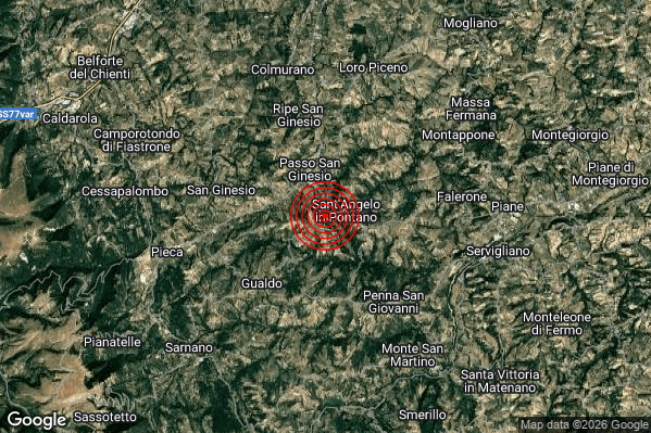 Debole Terremoto M2.3 epicentro 1 km W Sant'Angelo in Pontano (MC) alle 03:34:30 (02:34:30 UTC)