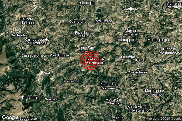 Lieve Terremoto M2.2 epicentro 1 km W Sant'Angelo in Pontano (MC) alle 03:52:09 (02:52:09 UTC)