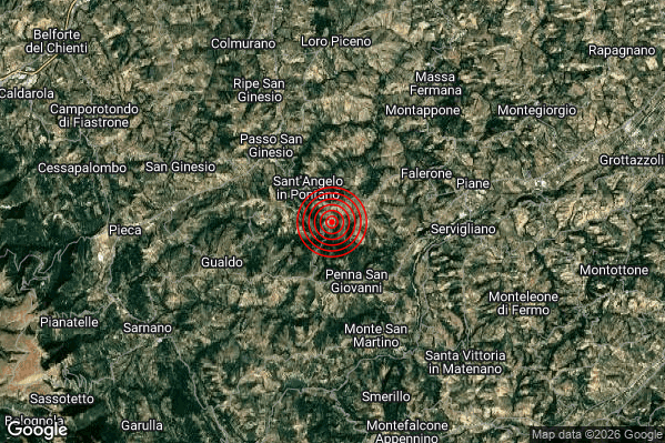 Terremoto 08:36:54 M2.1 epicentro “2 km SE Sant’Angelo in Pontano (MC)”