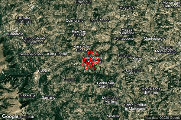 Lieve Terremoto M2.0 epicentro Sant'Angelo in Pontano (MC) alle 00:00:10 (23:00:10 UTC)