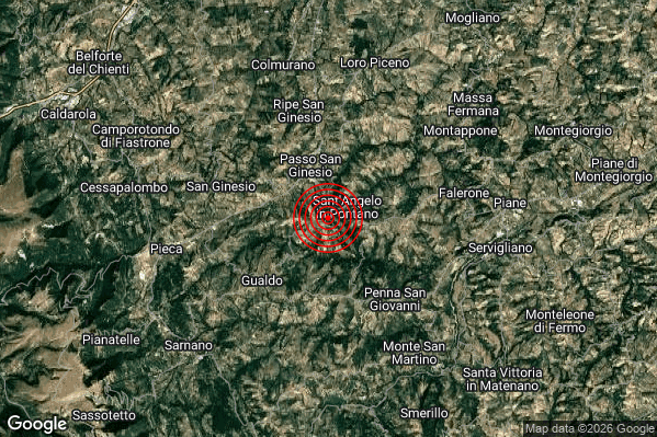 Lieve Terremoto M2.1 epicentro 1 km SW Sant'Angelo in Pontano (MC) alle 09:55:12 (08:55:12 UTC)