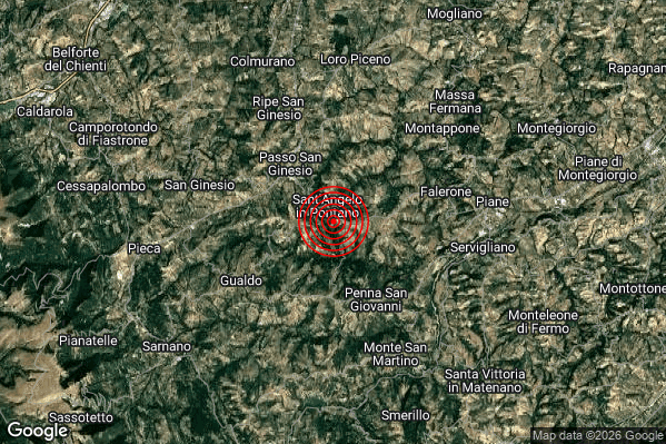 Moderato Terremoto M3.3 epicentro 1 km SE Sant'Angelo in Pontano (MC) alle 16:50:25 (15:50:25 UTC)