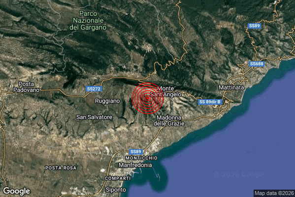 Lieve Terremoto M2.1 epicentro 2 km W Monte Sant'Angelo (FG) alle 06:12:49 (05:12:49 UTC)