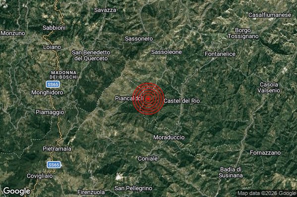 Terremoto 04:16:30 M2.1 epicentro “4 km W Castel del Rio (BO)”