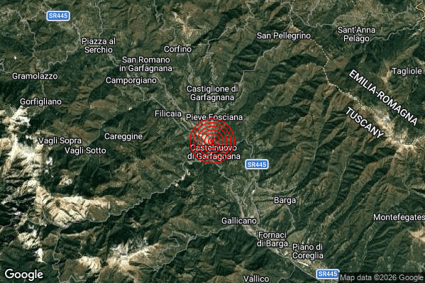 Terremoto 23:37:25 M2.2 epicentro “1 km N Castelnuovo di Garfagnana (LU)”