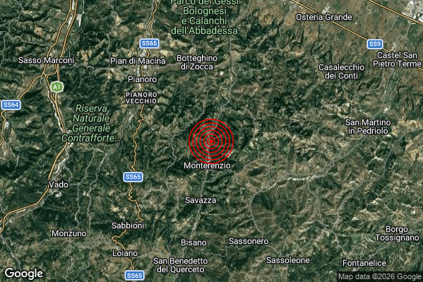 Terremoto 09:24:28 M2.2 epicentro “2 km N Monterenzio (BO)” Terremoto 09:24:28 M2.2 epicentro “2 km N Monterenzio (BO)”