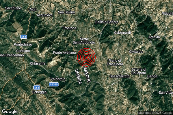 Terremoto 09:36:16 M2.6 epicentro “3 km S Serra Sant’Abbondio (PU)”