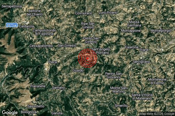 Lieve Terremoto M2.1 epicentro 3 km SW Sant'Angelo in Pontano (MC) alle 22:21:00 (21:21:00 UTC)