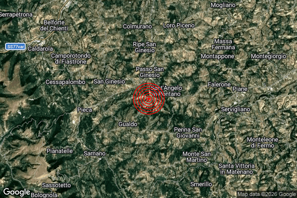Debole Terremoto M2.4 epicentro 2 km W Sant'Angelo in Pontano (MC) alle 01:32:49 (00:32:49 UTC)