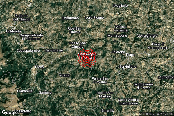 Lieve Terremoto M2.2 epicentro 1 km S Sant'Angelo in Pontano (MC) alle 07:12:15 (06:12:15 UTC)