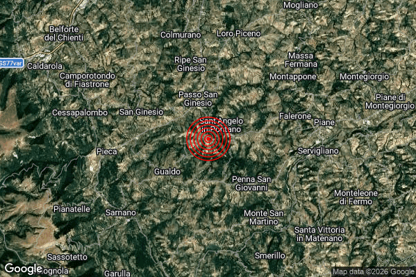 Debole Terremoto M2.3 epicentro 2 km SW Sant'Angelo in Pontano (MC) alle 10:01:49 (09:01:49 UTC)