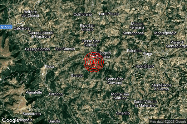 Debole Terremoto M2.4 epicentro 2 km SW Sant'Angelo in Pontano (MC) alle 10:56:06 (09:56:06 UTC)
